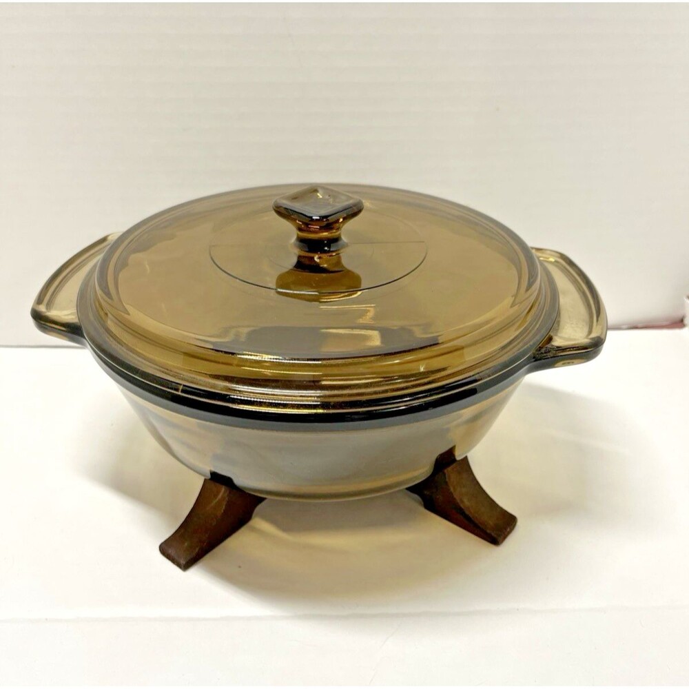 Anchor Ovenware Round Amber Glass Casserole Dish with Lid 1.5 Qt Vintage #1037
